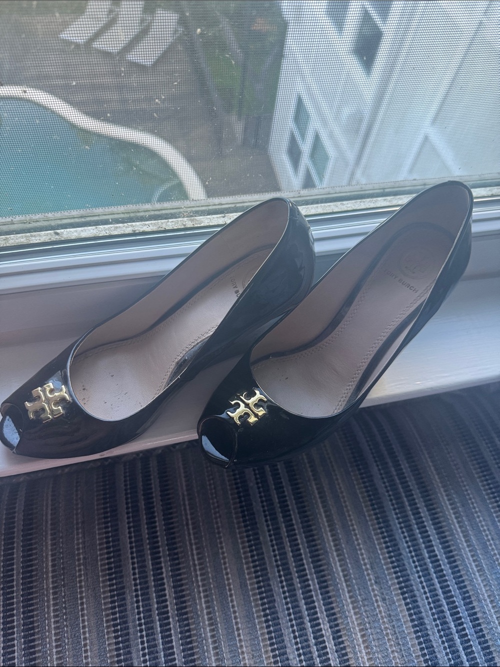 Tory Burch Black Patent Peep-Toe Heels with Gold Logo Accent